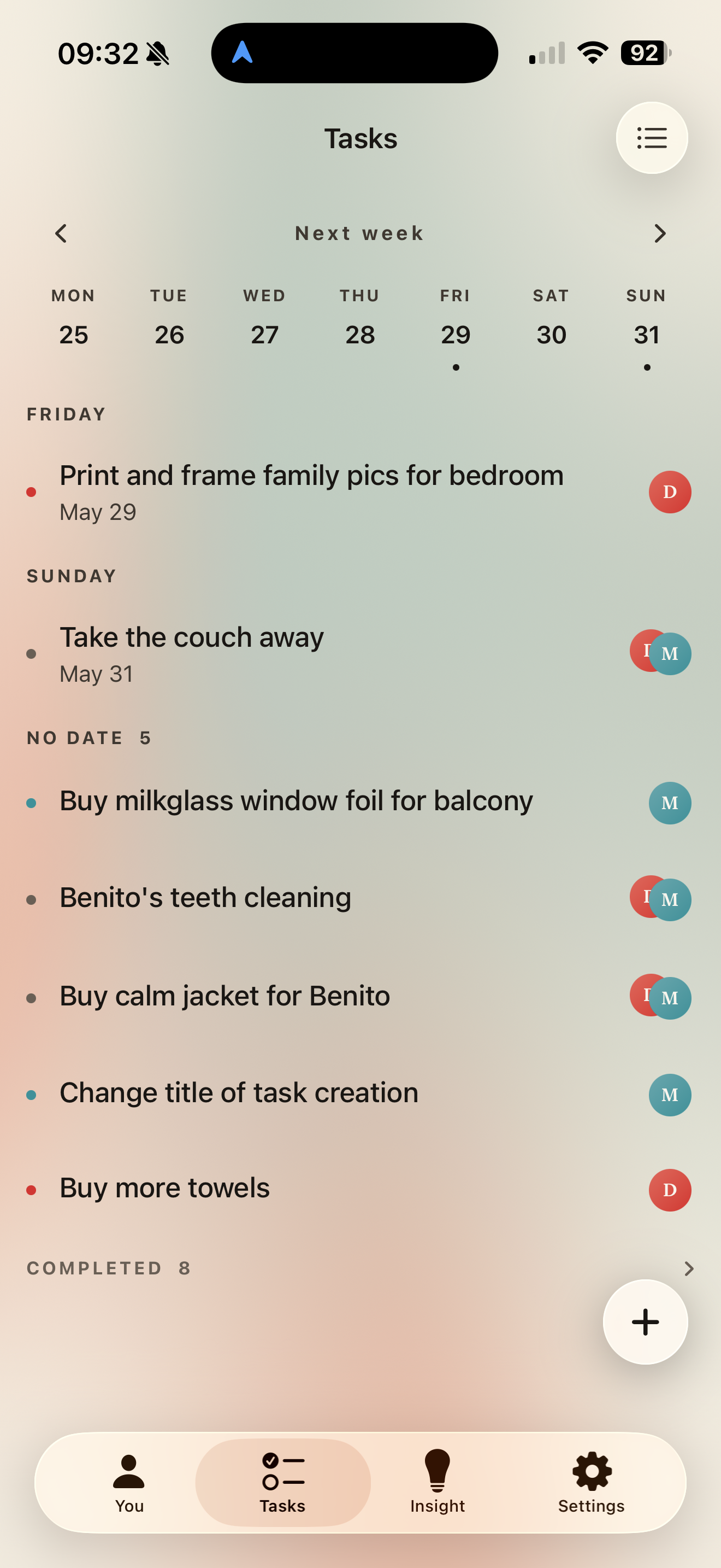 Hubby Tasks tab. Add-task sheet with smart parsing